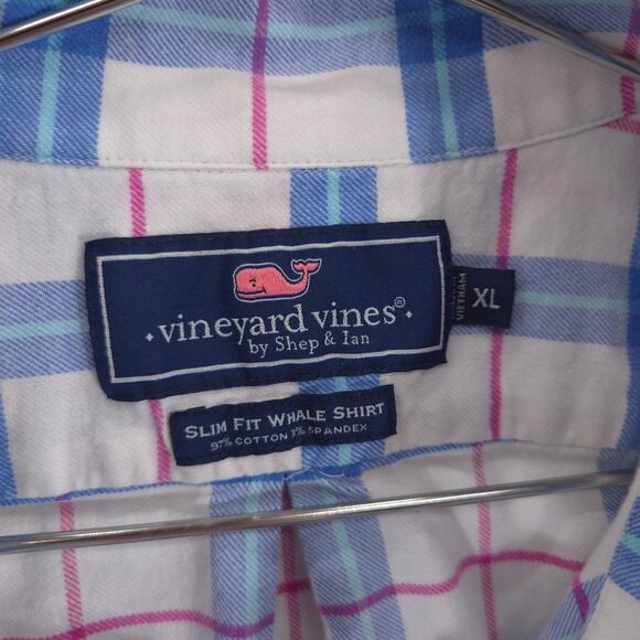Vineyard Vines Flannel Shirt Mens XL Blue Plaid Slim Fit Whale Flex Button Down - Picture 7 of 9